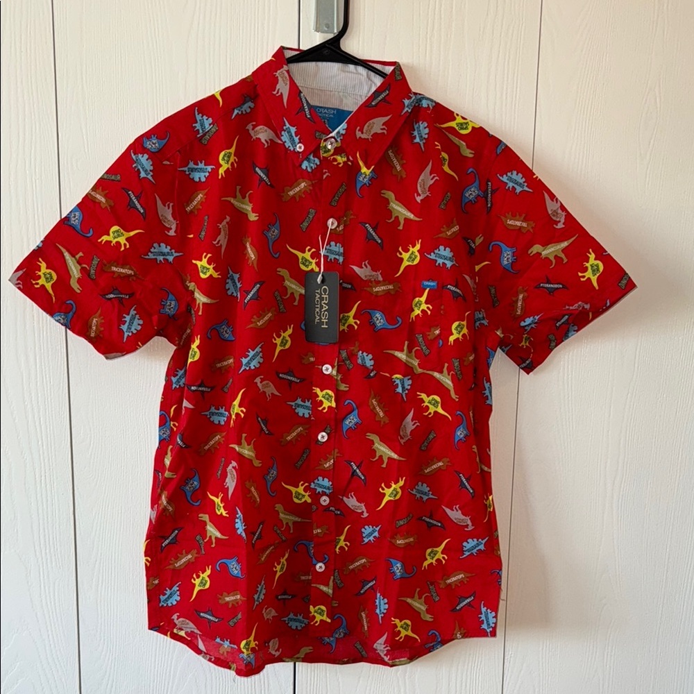 Dinosaur Print Red Short Sleeve Button Down Shirt